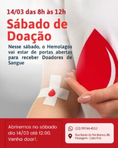 Leia mais sobre o artigo Hemolagos convoca doadores e abre neste sábado para reforçar estoque de sangue na Região dos Lagos