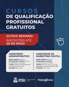 Leia mais sobre o artigo Inscrições para cursos profissionalizantes gratuitos em Arraial do Cabo terminam no dia 29