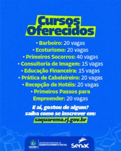 Leia mais sobre o artigo Prefeitura de Saquarema disponibiliza mais 8 cursos de capacitação gratuitos à população
